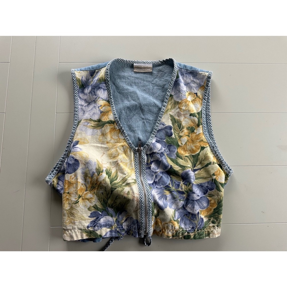 Coldwater Creek Vintage Floral Denim Cropped Vest Zip Front Blue Yellow Cottage